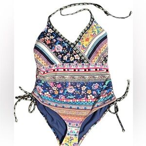 NWT multi/color Johnny Was Alaina side drawstring one piece swimsuit size Large